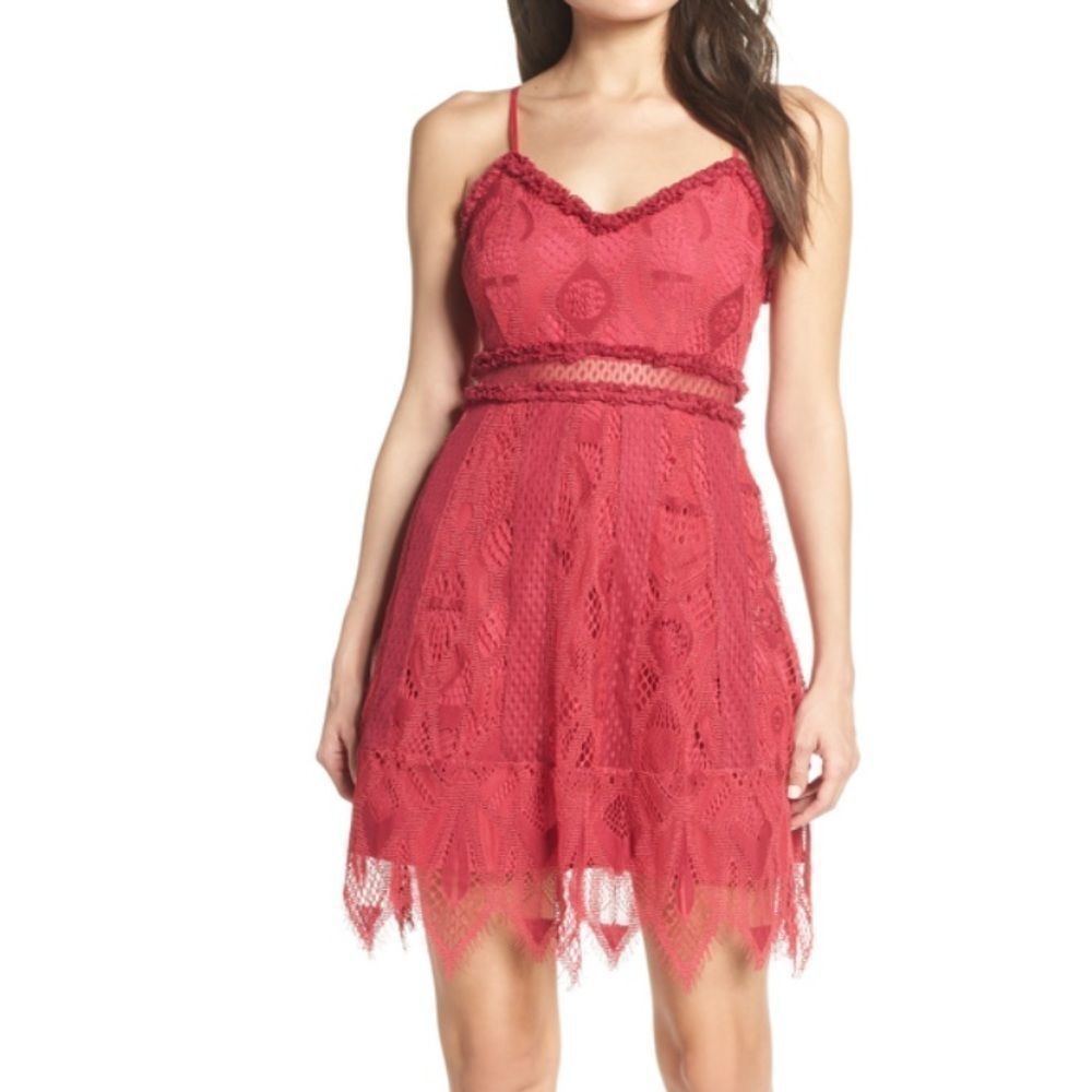 Anthropologie foxiedox Gloria Lace Sheer Waist Minidress Raspberry S